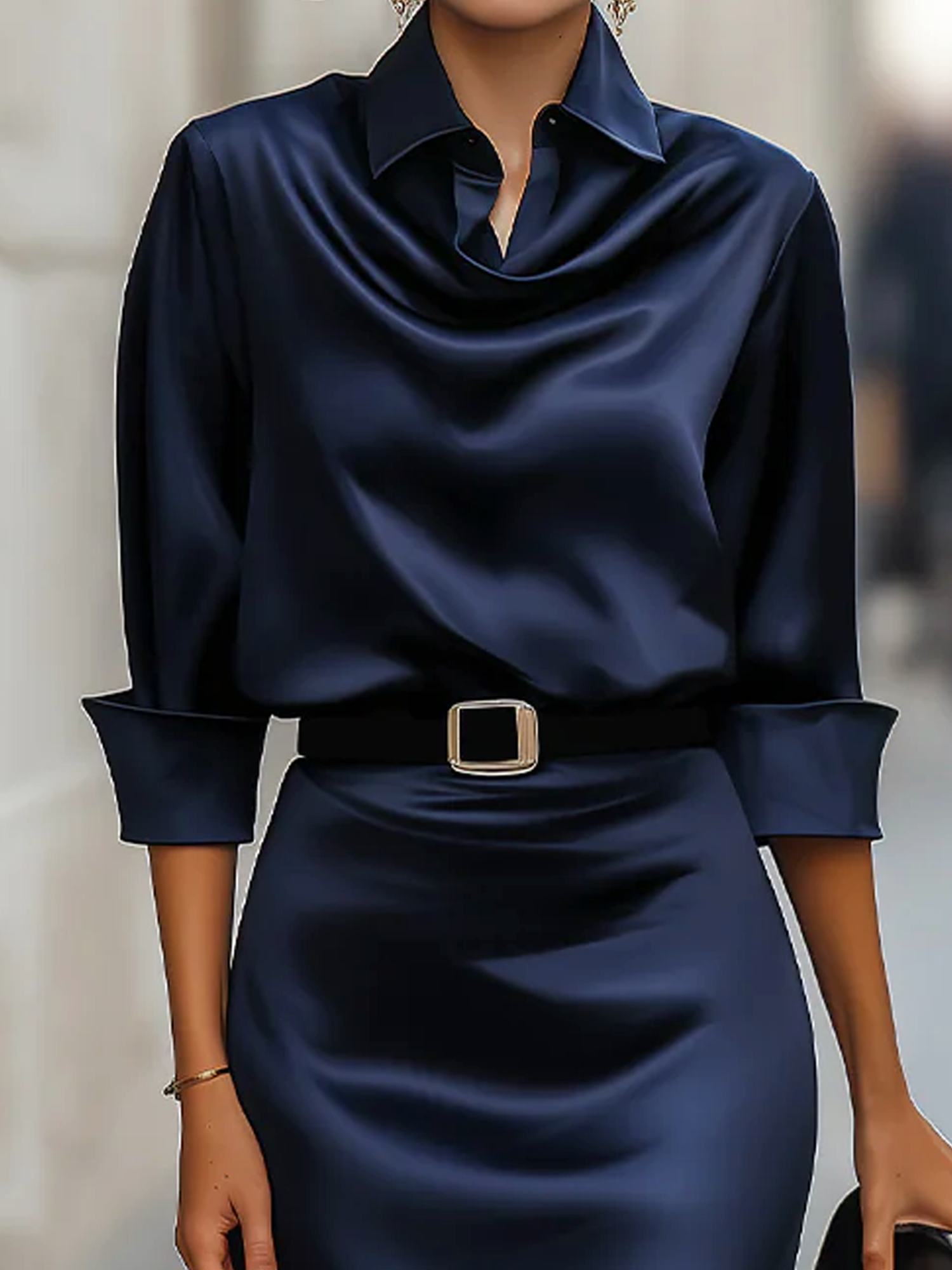 Elegant Plain Shirt-Collar Knee-Length Dress with Belt