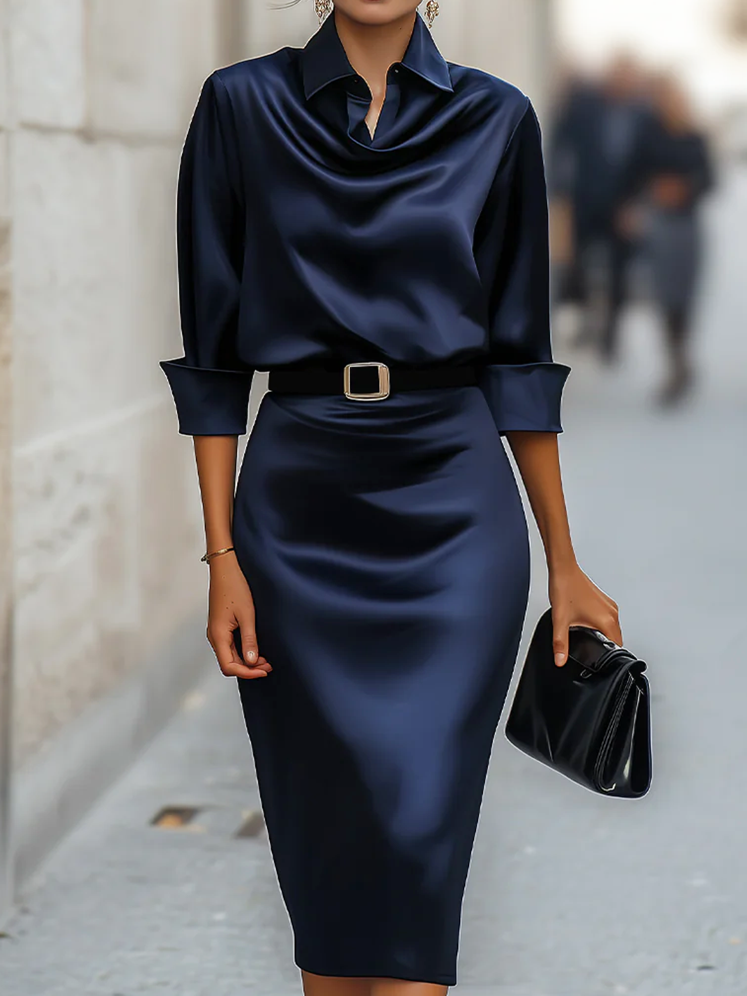 Elegant Plain Shirt-Collar Knee-Length Dress with Belt