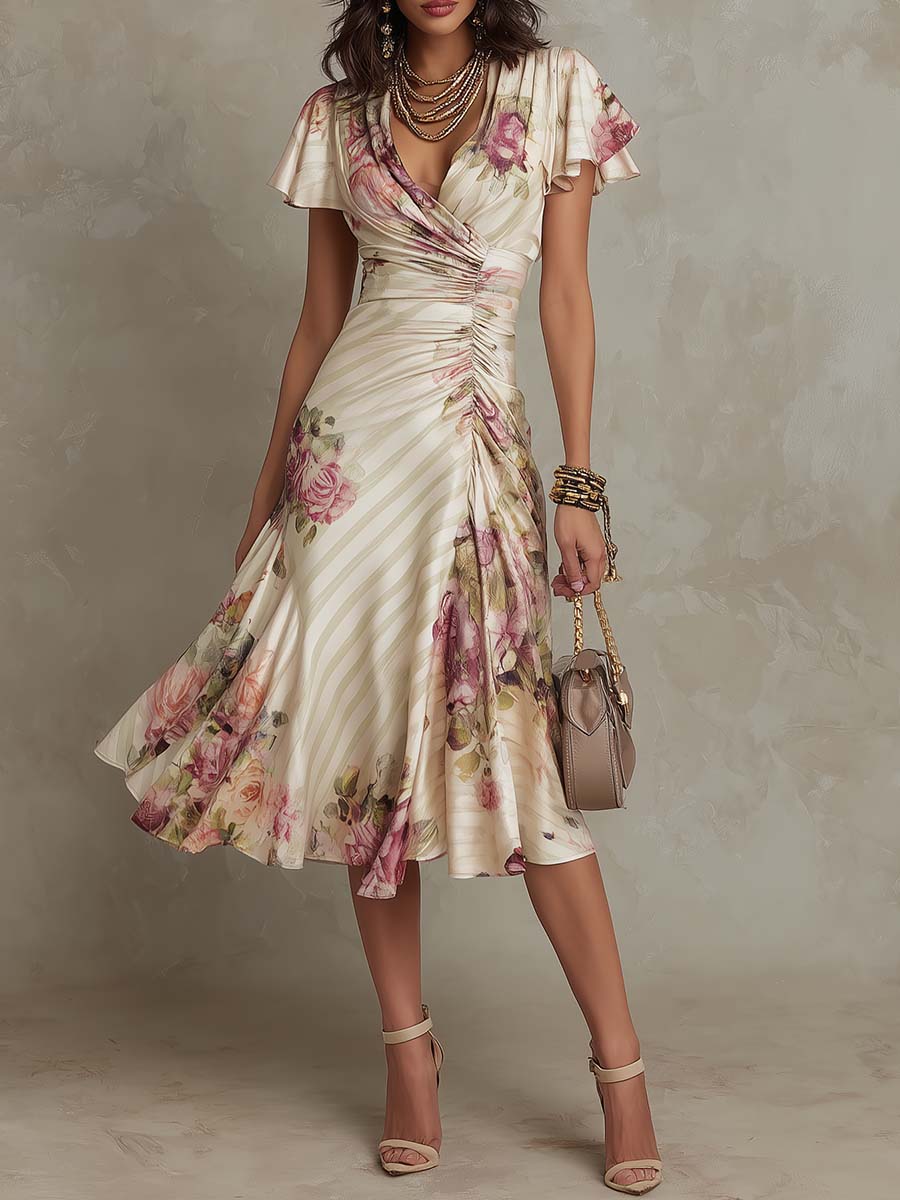 Elegant Vintage Floral Satin Midi Dress