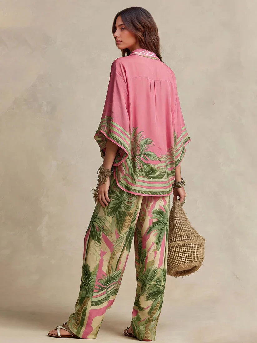 Effortless Palm-Print Kimono Two-Piece Set