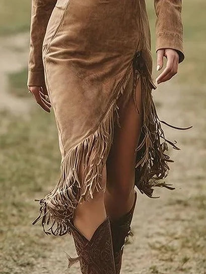 Long-sleeved suede midi dress with an asymmetrical hem and fringe