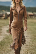 Long-sleeved suede midi dress with an asymmetrical hem and fringe