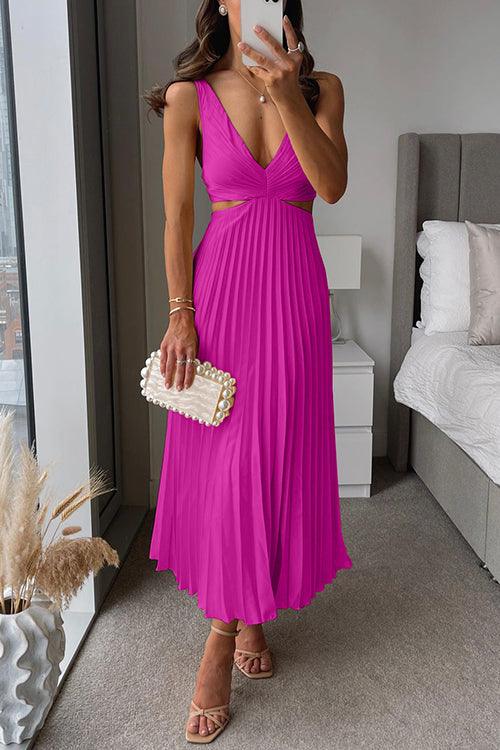 V-Neck Cut-Out Waist Sleeveless Pleated Maxi Dress