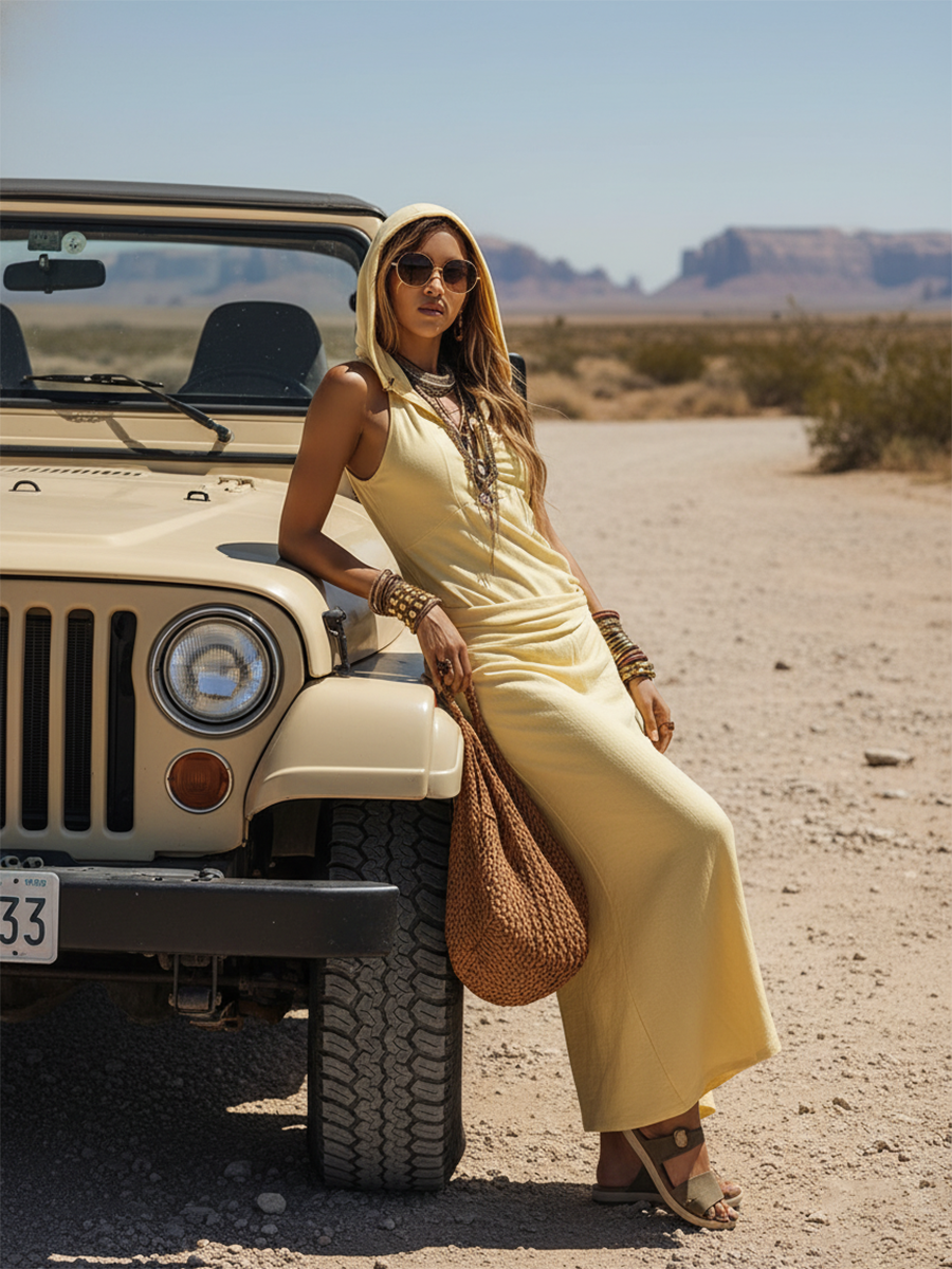 Wandering Desert Hooded Pleated Light Yellow Cotton-Linen Maxi Dress