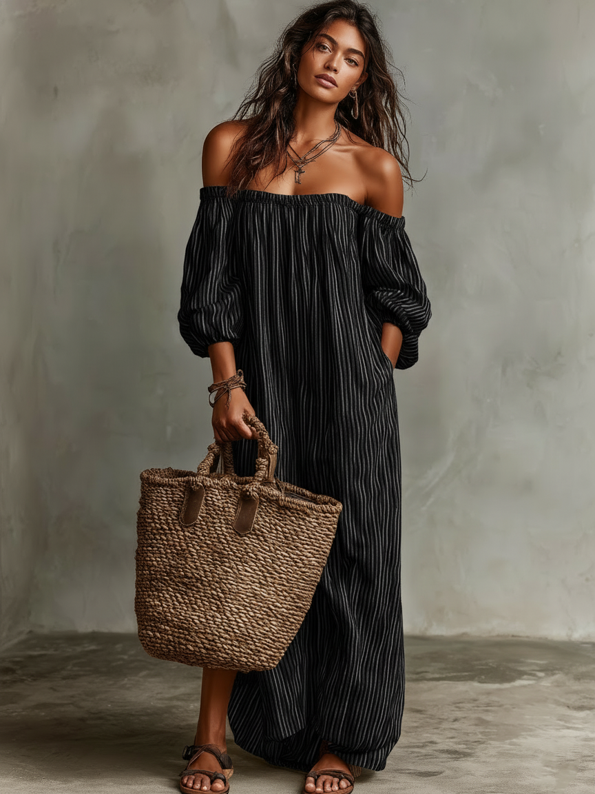 Women's Vacation Off-shoulder Long-sleeved Maxi Dress