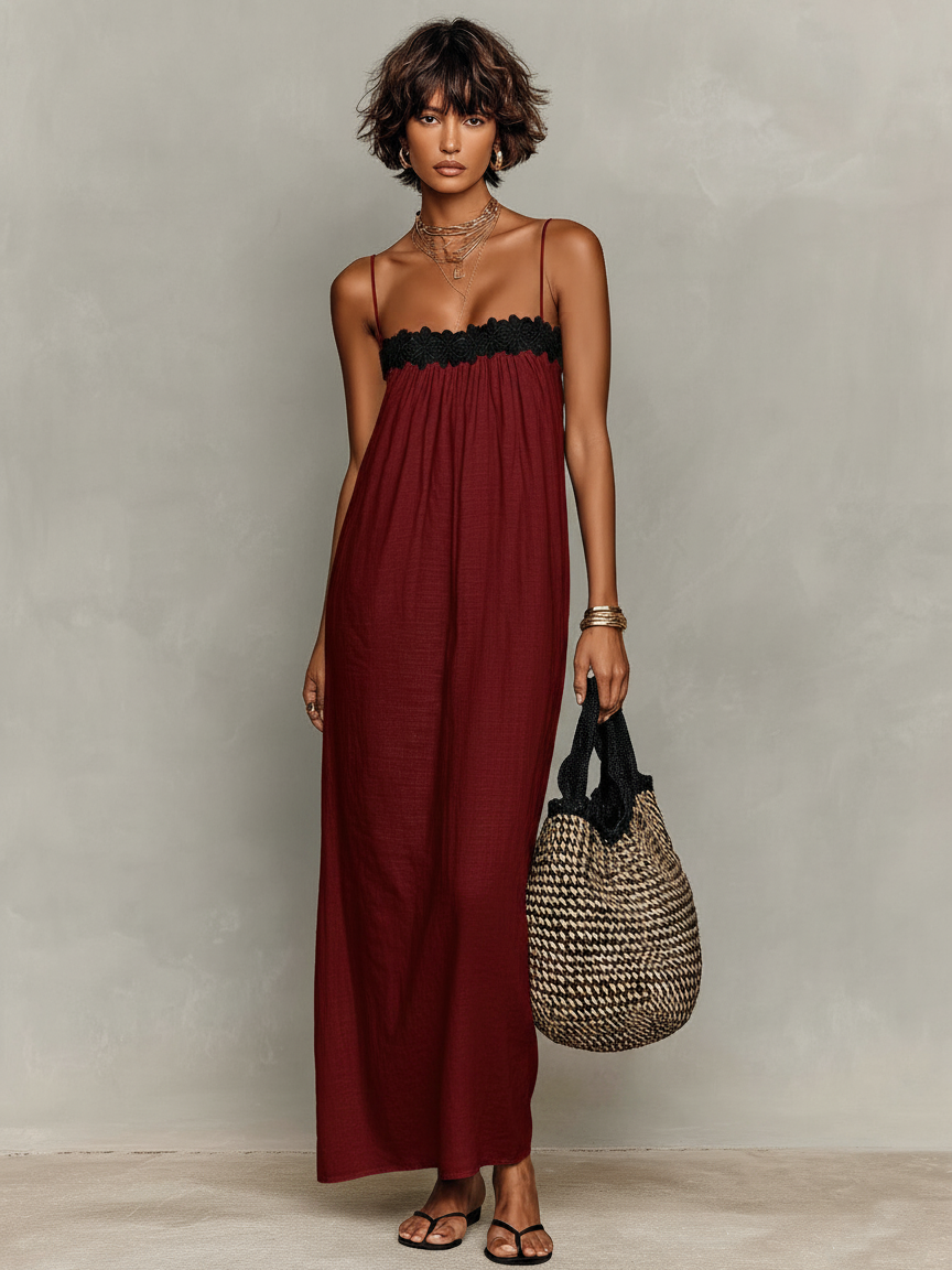 Women's Minimalist Lace-Paneled Strapless With Spaghetti Straps Maxi Dress