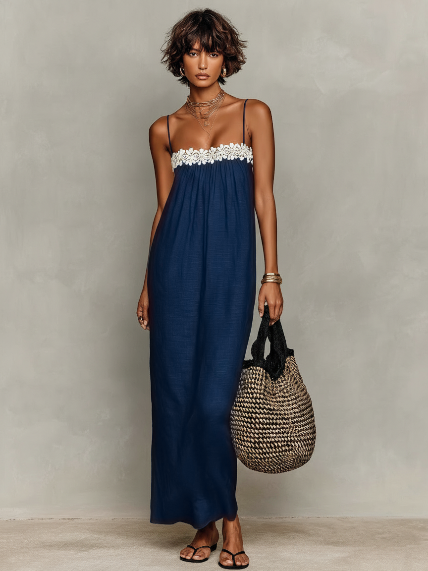 Women's Minimalist Lace-Paneled Strapless With Spaghetti Straps Maxi Dress