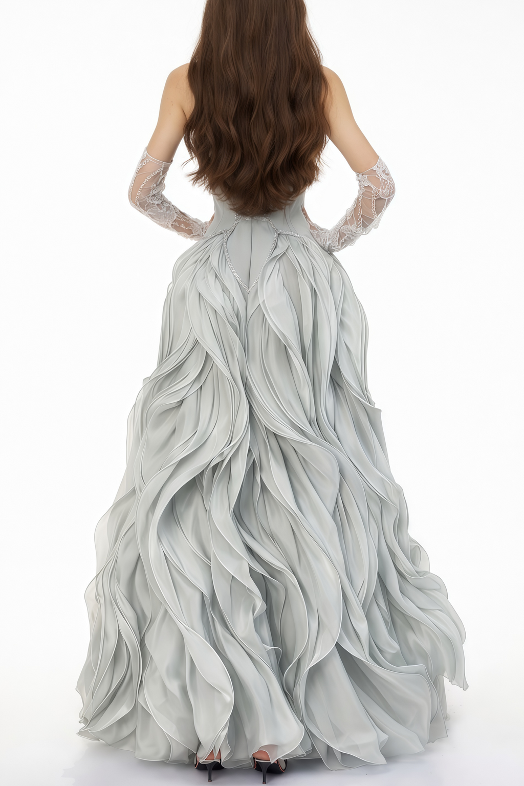 Ianthe Dusty Blue Ruffled Tulle Maxi Dress (Without Gloves)