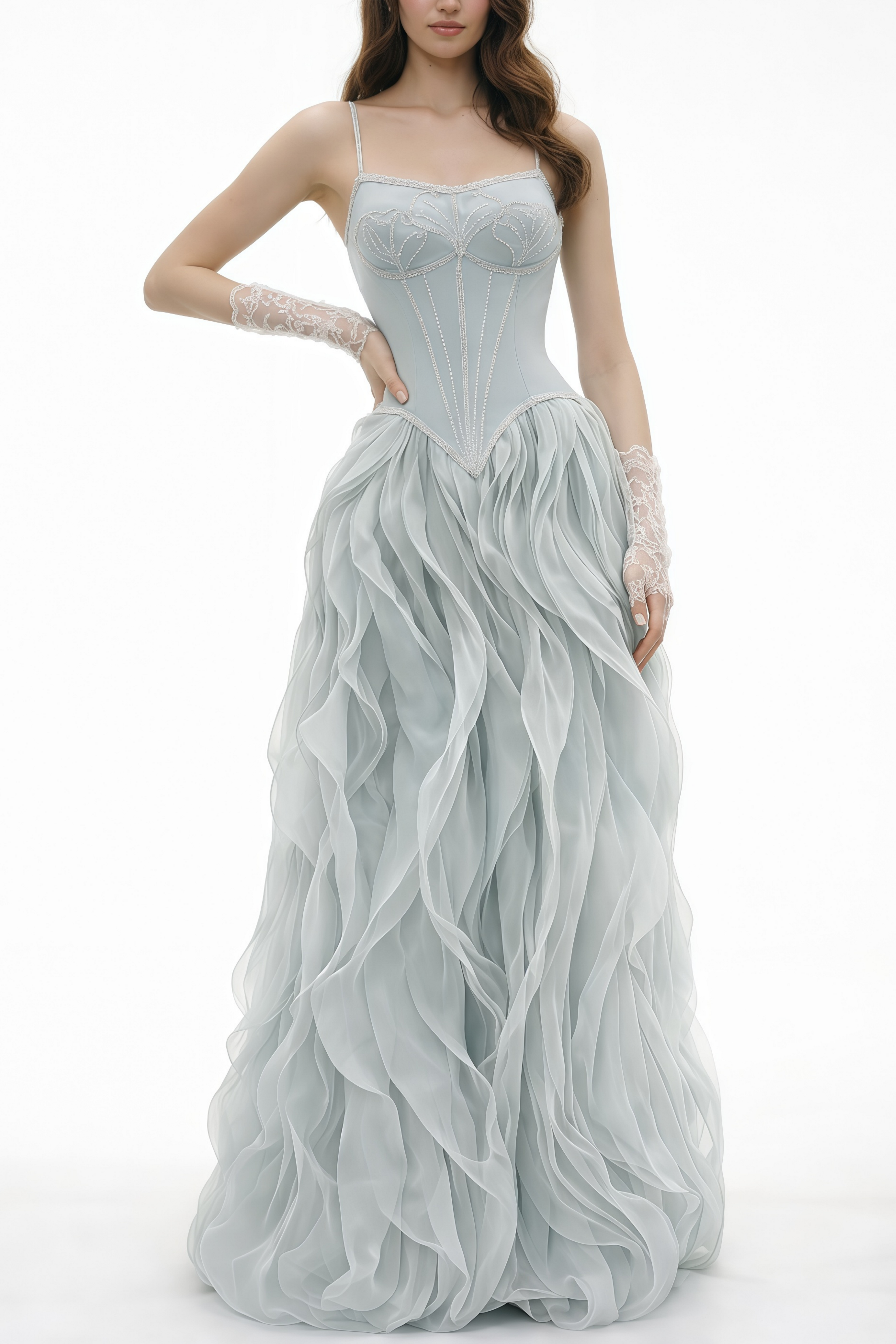 Ianthe Dusty Blue Ruffled Tulle Maxi Dress (Without Gloves)