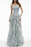 Ianthe Dusty Blue Ruffled Tulle Maxi Dress (Without Gloves)