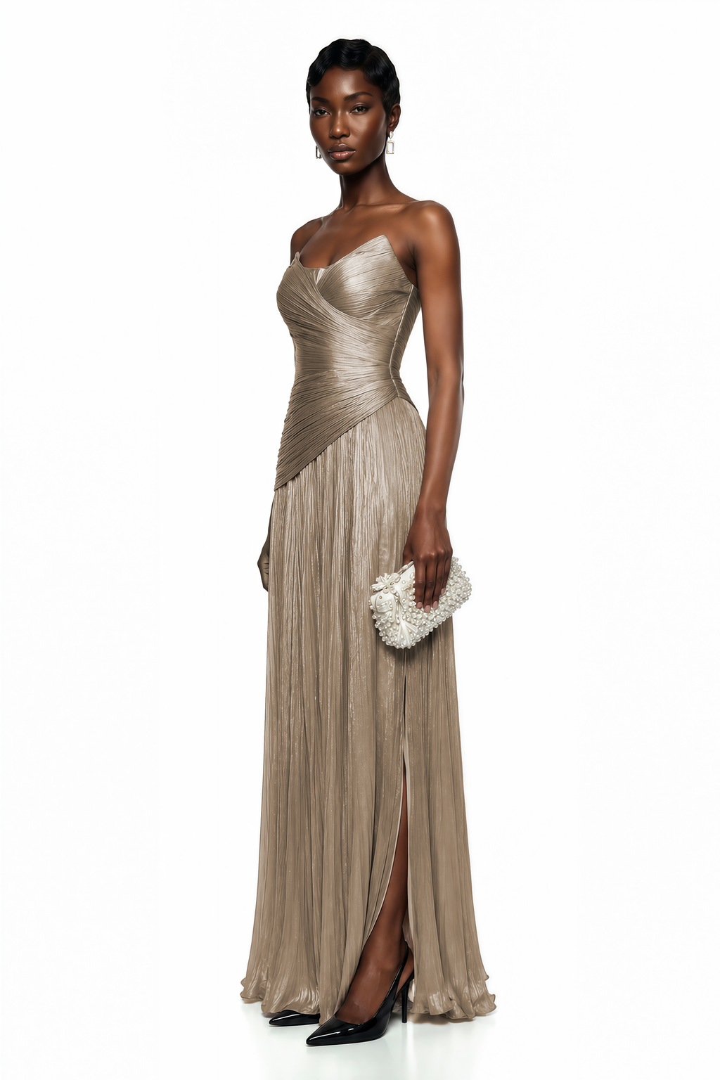 Jacinthe Beige Off Shoulder Pleated Maxi Dress
