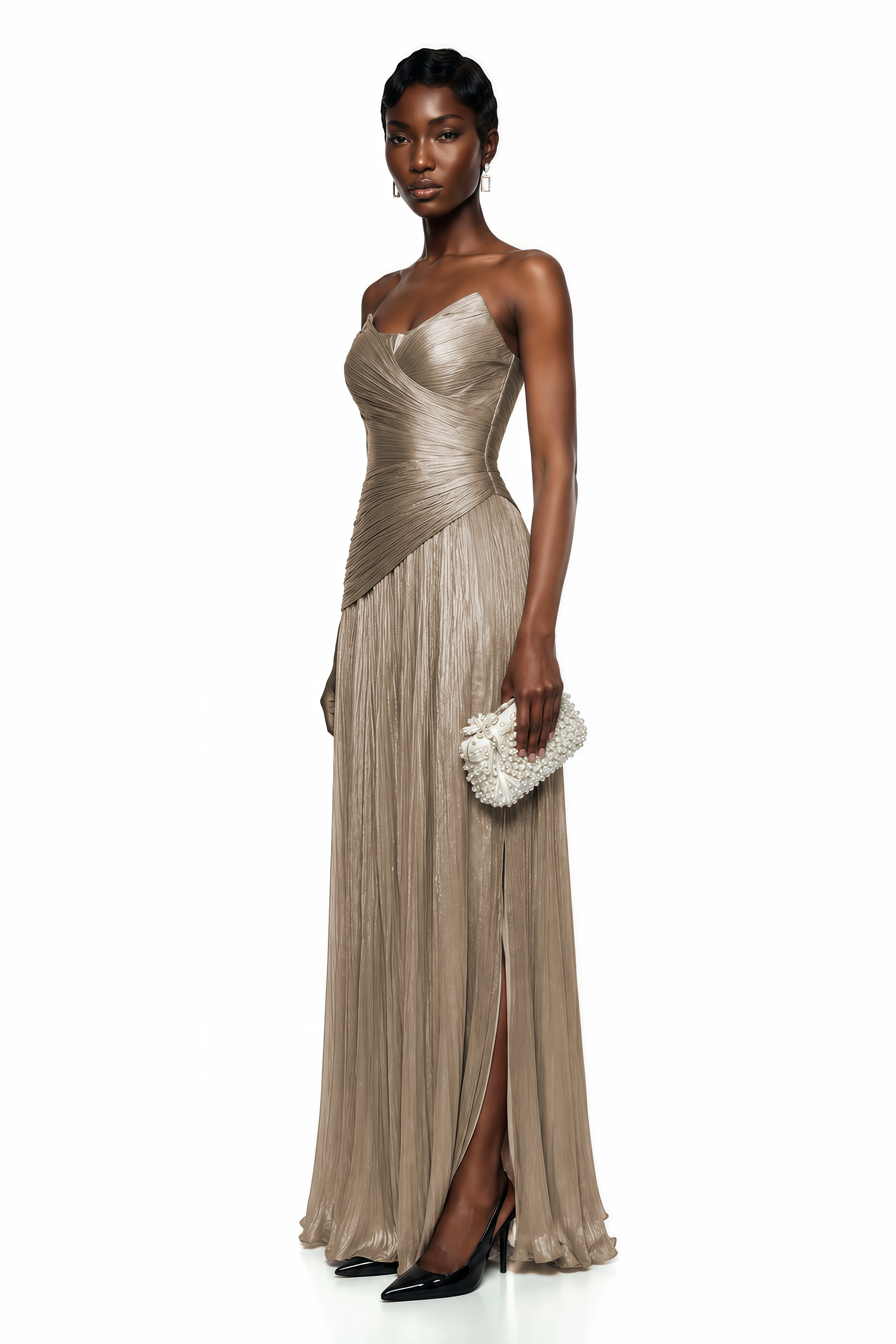 Jacinthe Beige Off Shoulder Pleated Maxi Dress