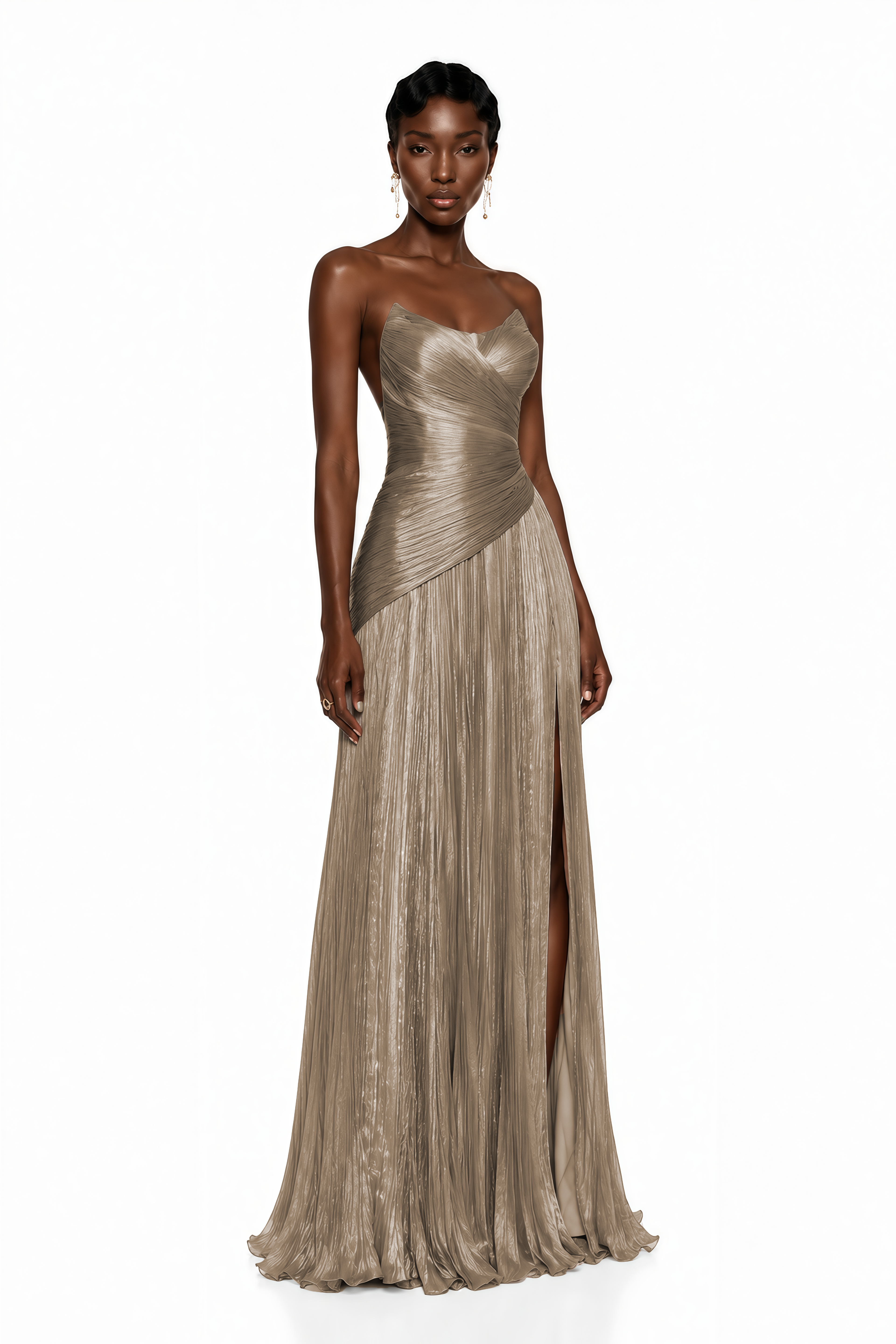 Jacinthe Beige Off Shoulder Pleated Maxi Dress