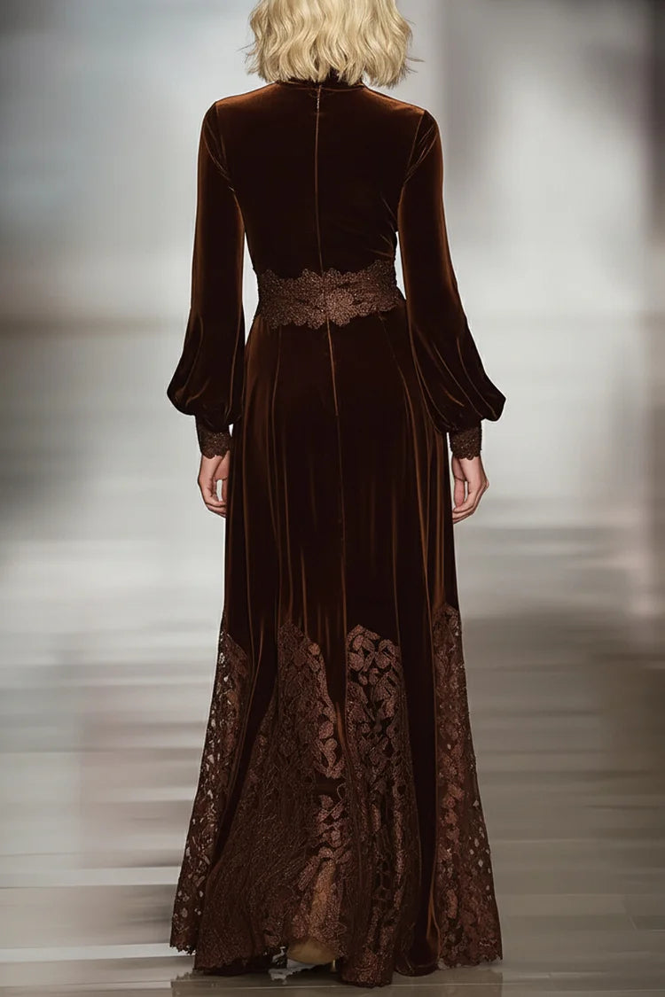 Lace Patchwork Turtleneck Balloon-Sleeve Velvet Maxi Dress