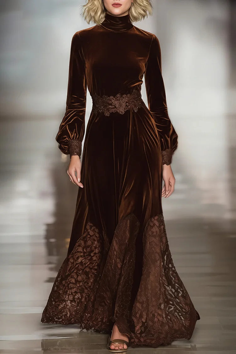 Lace Patchwork Turtleneck Balloon-Sleeve Velvet Maxi Dress