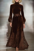 Lace Patchwork Turtleneck Balloon-Sleeve Velvet Maxi Dress
