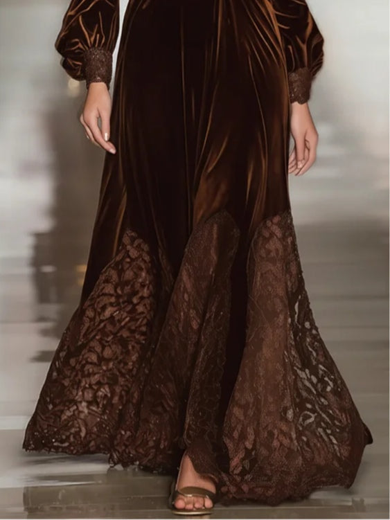 Lace Patchwork Turtleneck Balloon-Sleeve Velvet Maxi Dress