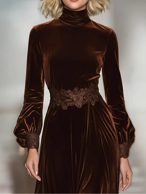 Lace Patchwork Turtleneck Balloon-Sleeve Velvet Maxi Dress