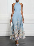 Abito lungo senza maniche con scollo all'americana in chiffon floreale azzurro