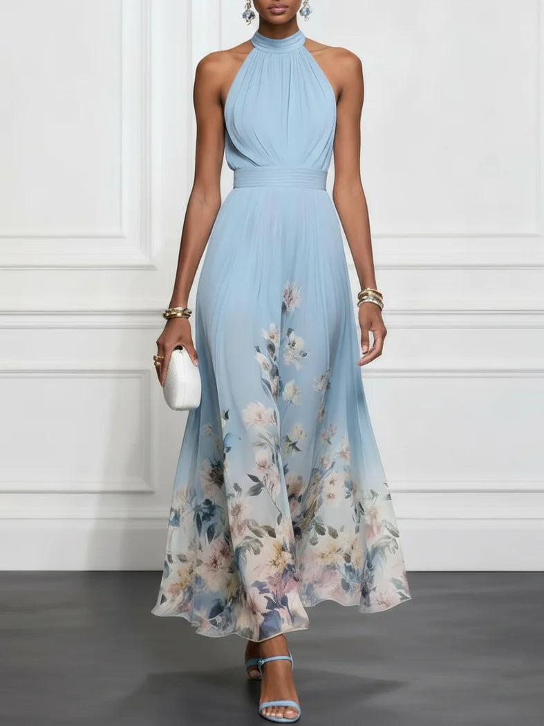 Abito lungo senza maniche con scollo all'americana in chiffon floreale azzurro