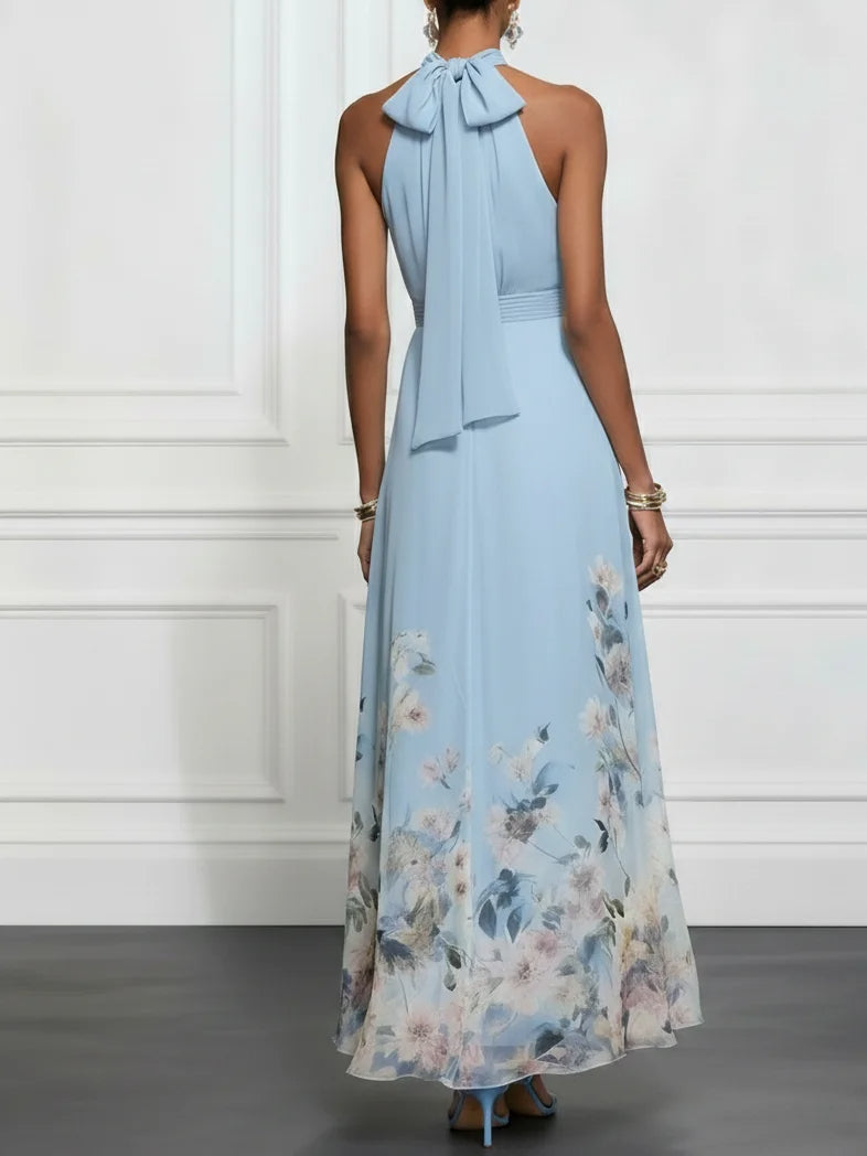 Abito lungo senza maniche con scollo all'americana in chiffon floreale azzurro
