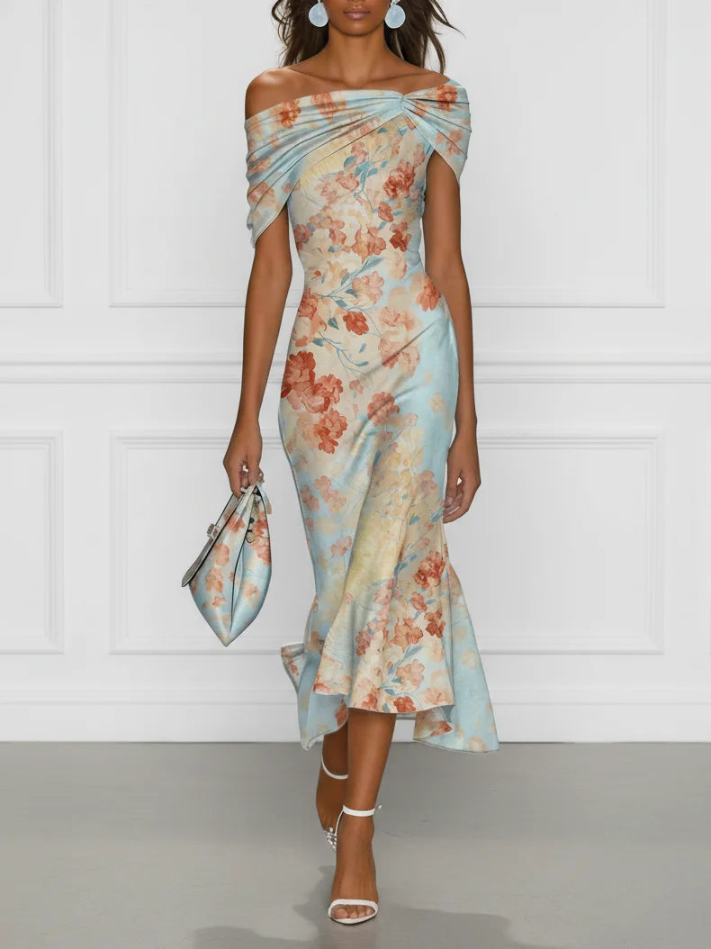 Blue Floral Off-the-Shoulder Sleeveless Mermaid Midi Dress