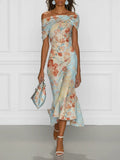 Blue Floral Off-the-Shoulder Sleeveless Mermaid Midi Dress