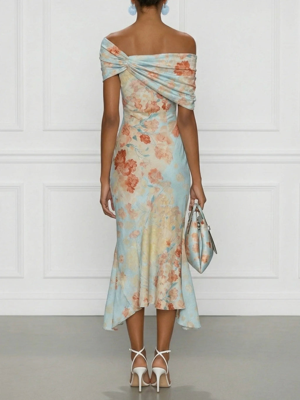 Blue Floral Off-the-Shoulder Sleeveless Mermaid Midi Dress
