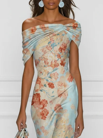 Blue Floral Off-the-Shoulder Sleeveless Mermaid Midi Dress