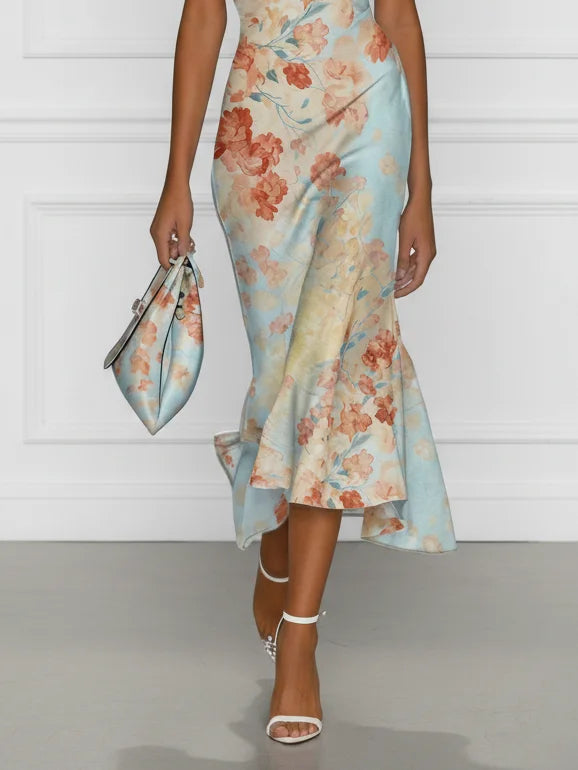 Blue Floral Off-the-Shoulder Sleeveless Mermaid Midi Dress