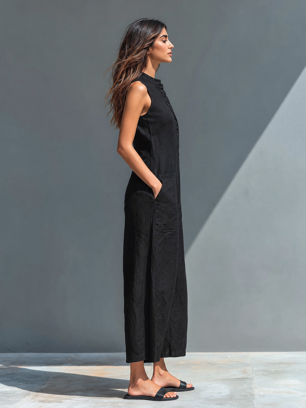 Women's Minimalist Linen Blend Button-up Stand-collar Sleeveless Loose Jumpsuit MDZ2725A5Y