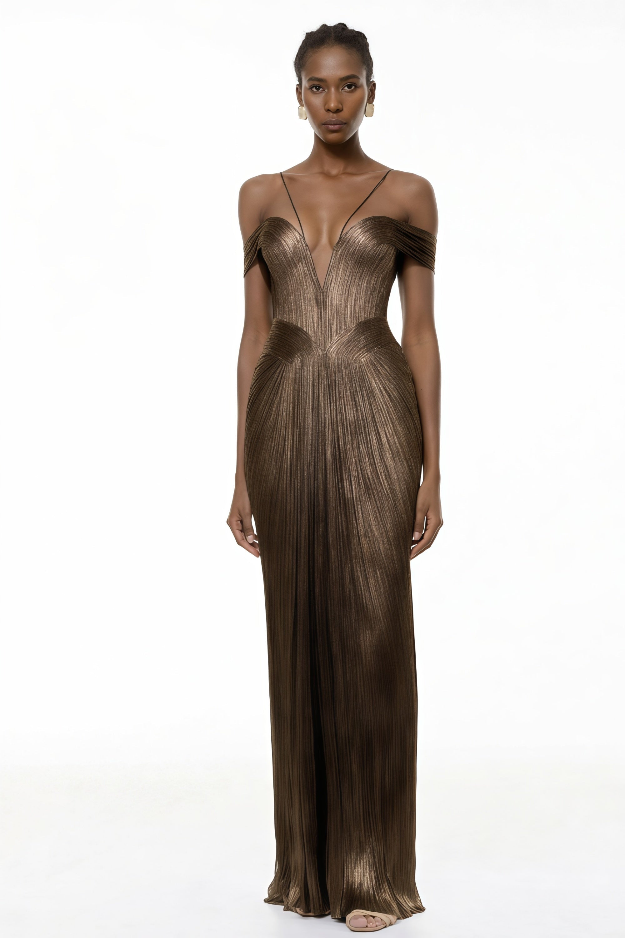 Marise Brown Draped Satin Maxi Dress
