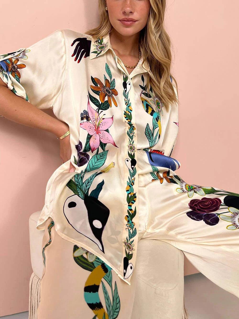 Satin Shirt and Trousers Set with Unique Print