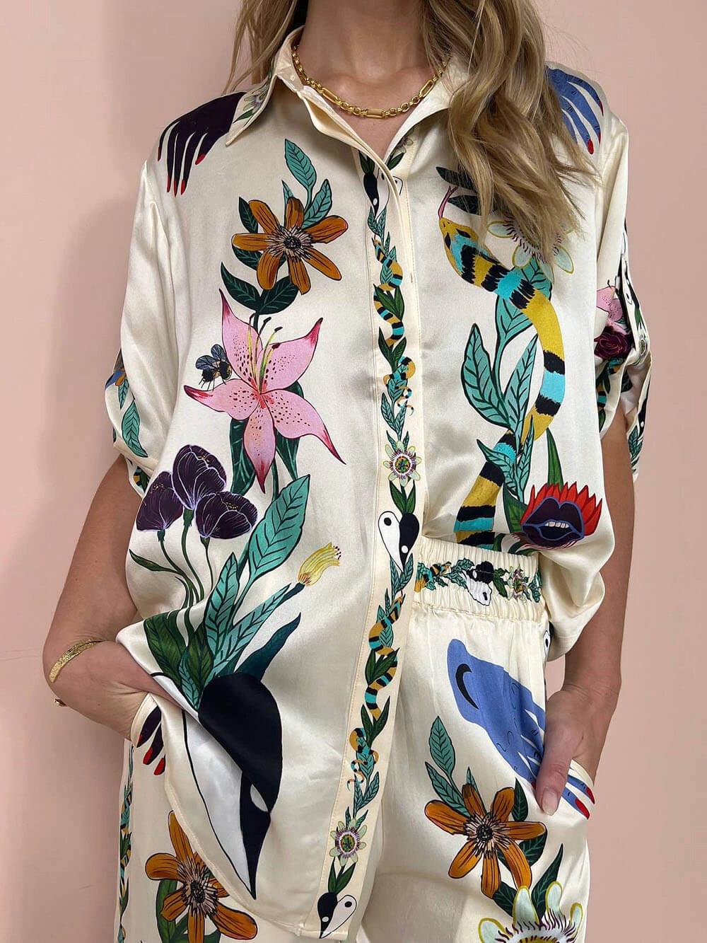 Satin Shirt and Trousers Set with Unique Print