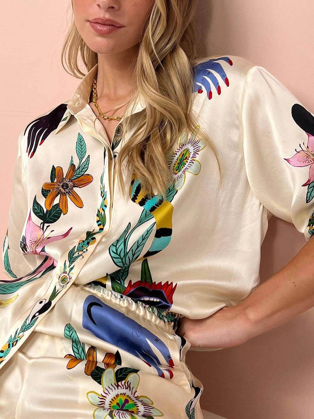 Satin Shirt and Trousers Set with Unique Print