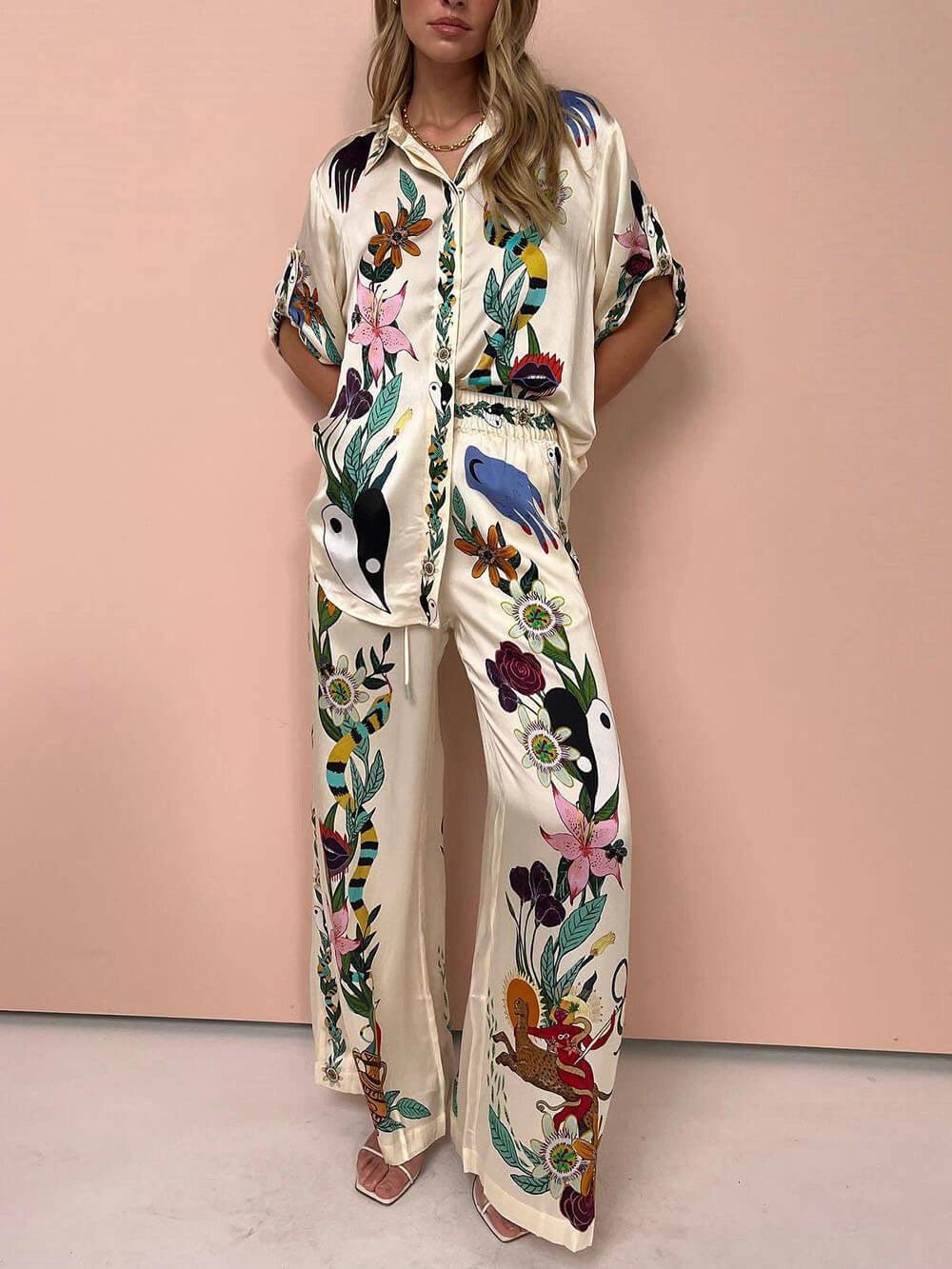 Satin Shirt and Trousers Set with Unique Print