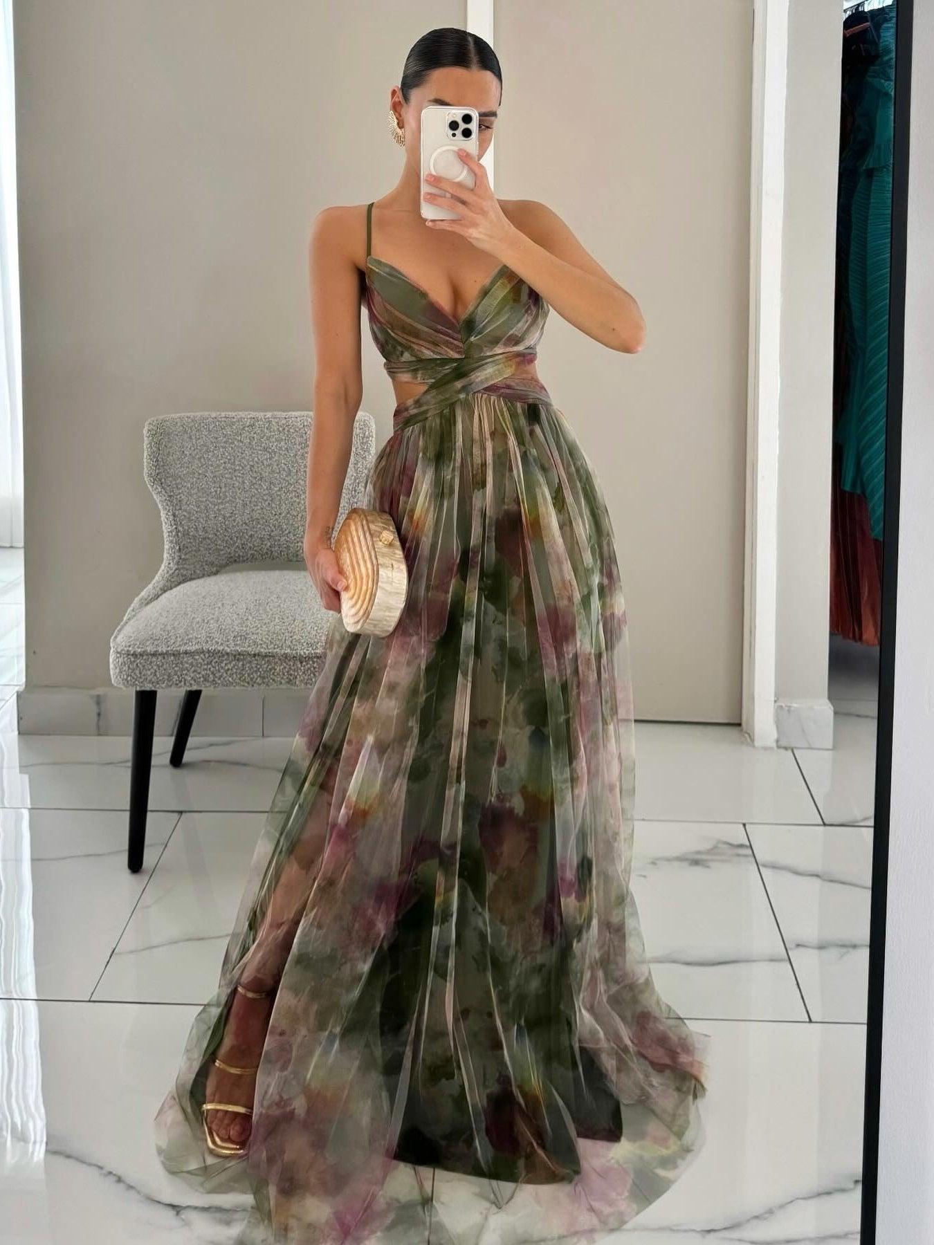 Painted Floral Print V-Neck A-Line Maxi Dress