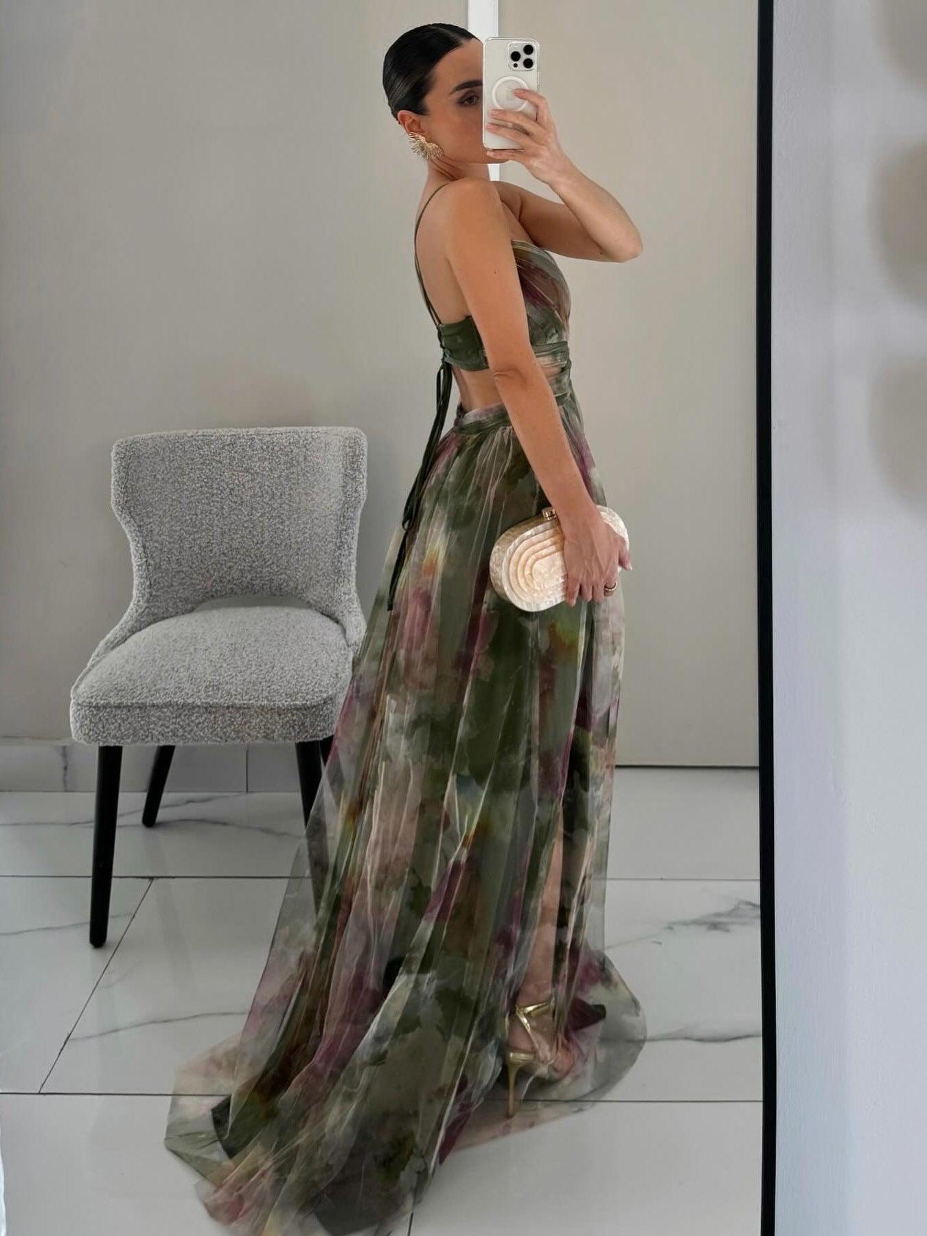Painted Floral Print V-Neck A-Line Maxi Dress