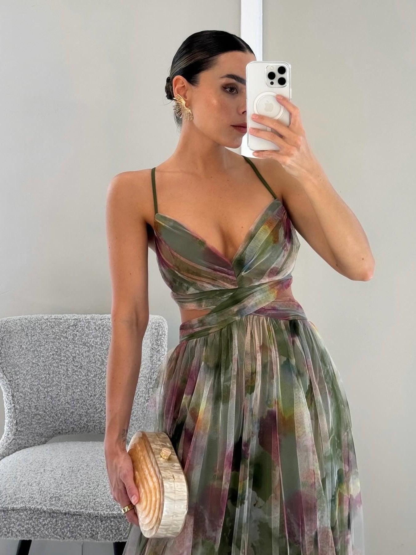 Painted Floral Print V-Neck A-Line Maxi Dress