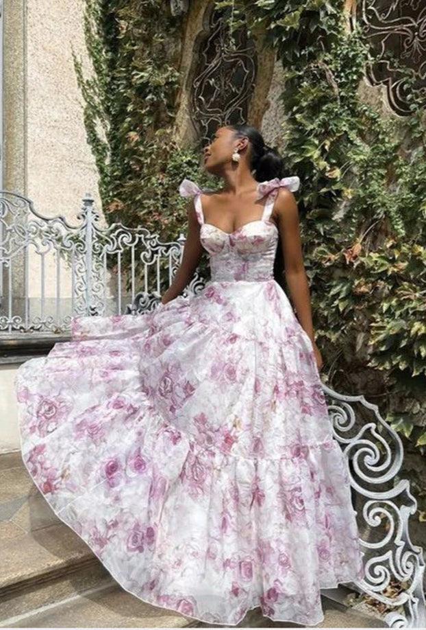 Printed Organza Maxi Dress with Tie Straps