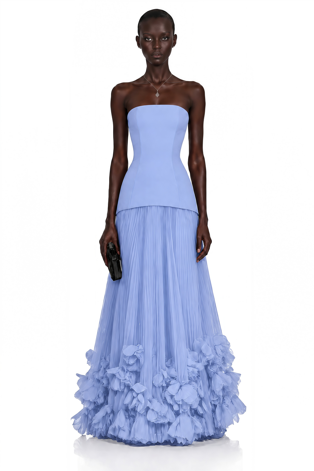 Océane Blue Off Shoulder Pleated Maxi Dress with 3D Florals