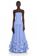 Océane Blue Off Shoulder Pleated Maxi Dress with 3D Florals