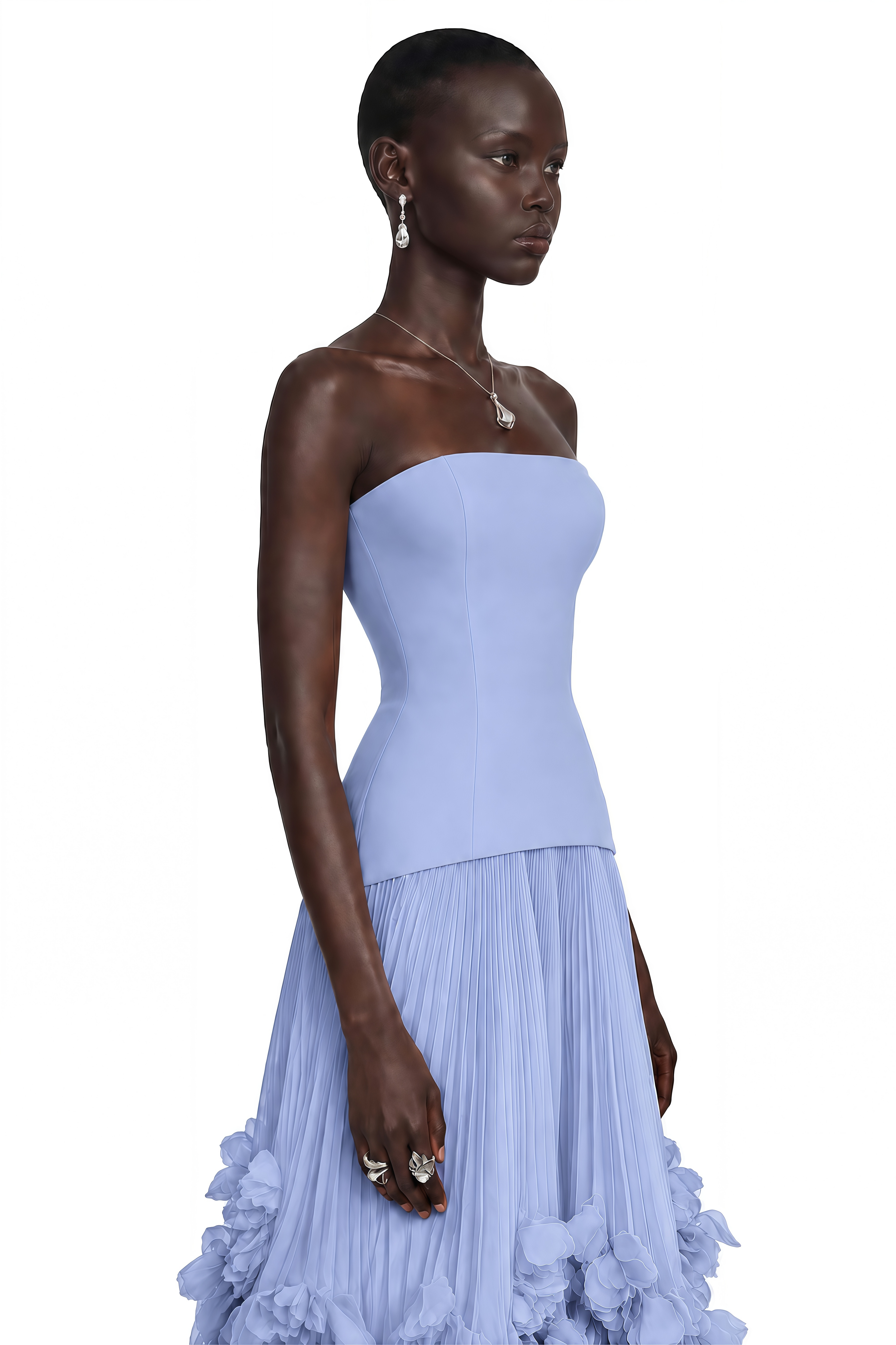 Océane Blue Off Shoulder Pleated Maxi Dress with 3D Florals