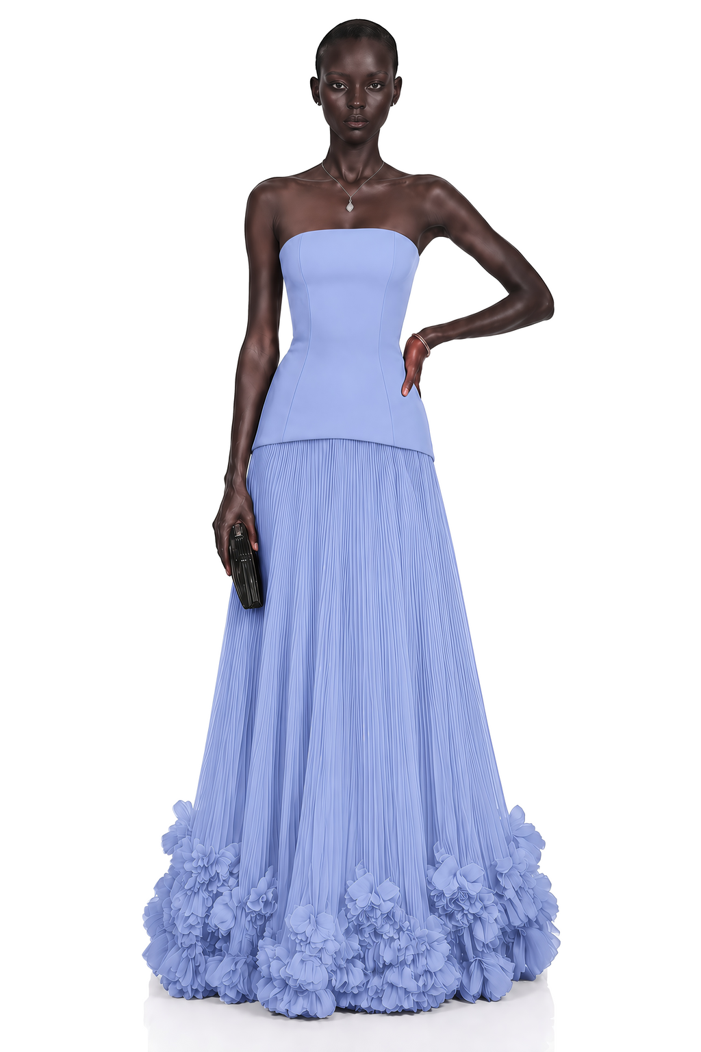 Océane Blue Off Shoulder Pleated Maxi Dress with 3D Florals