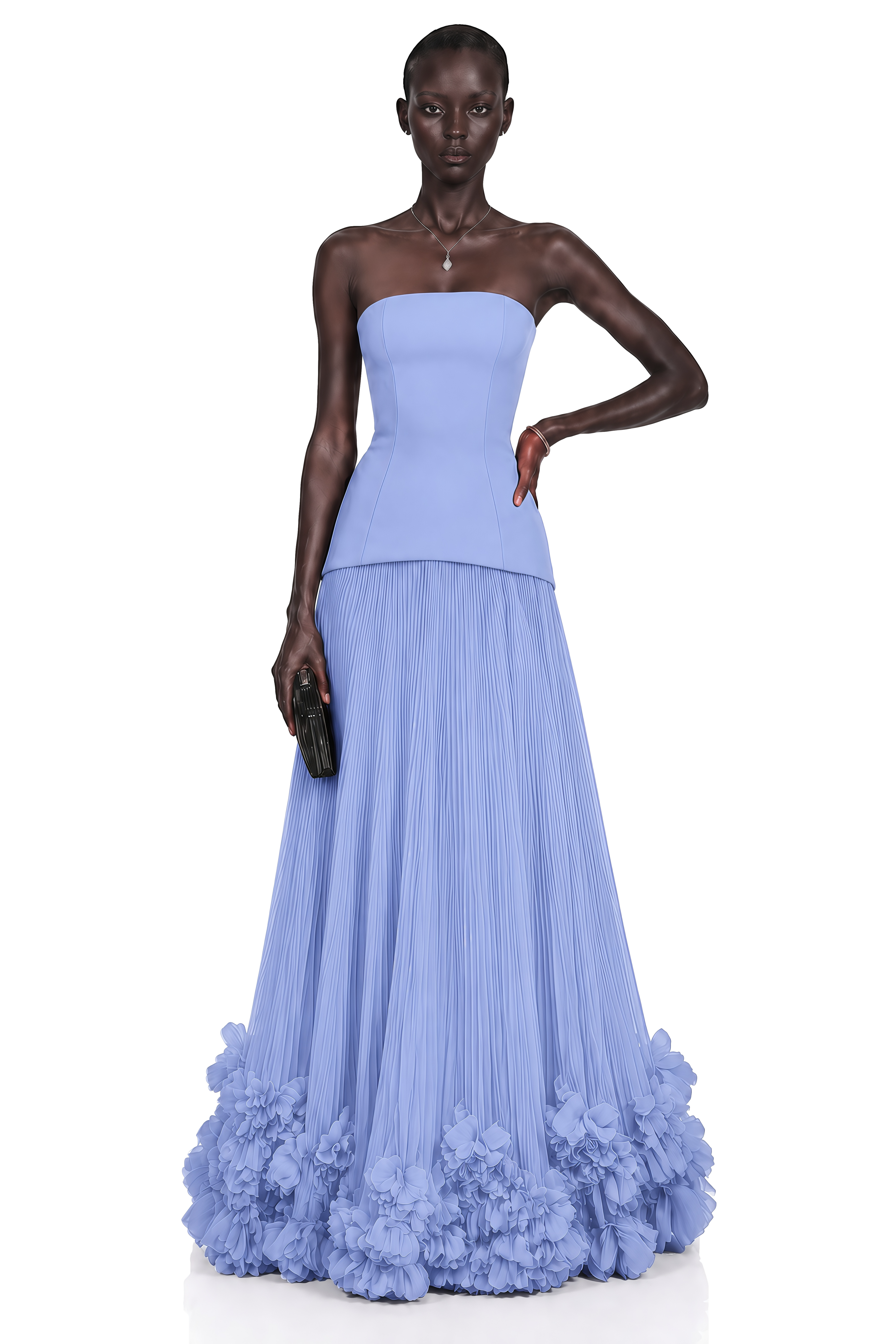 Océane Blue Off Shoulder Pleated Maxi Dress with 3D Florals