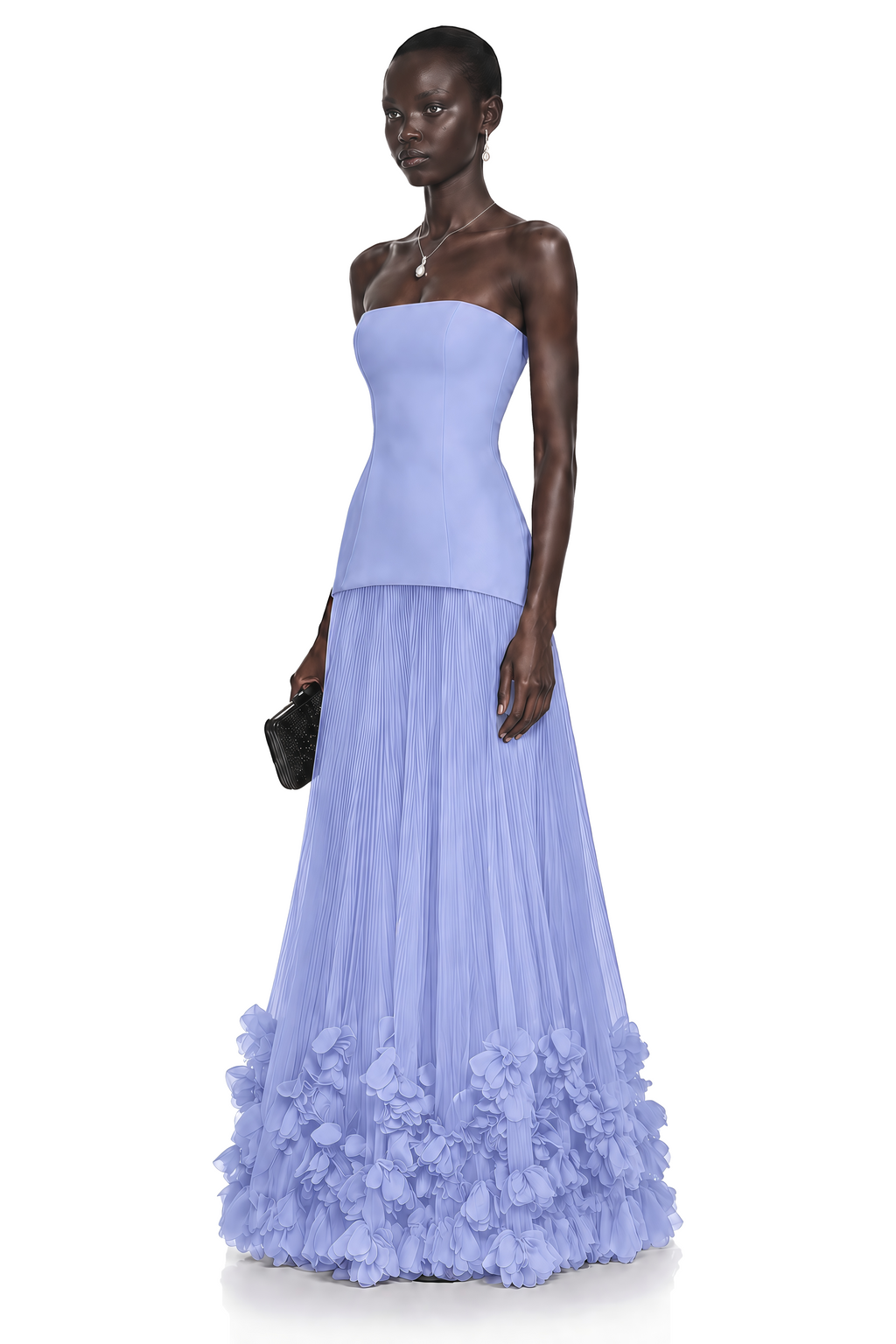 Océane Blue Off Shoulder Pleated Maxi Dress with 3D Florals