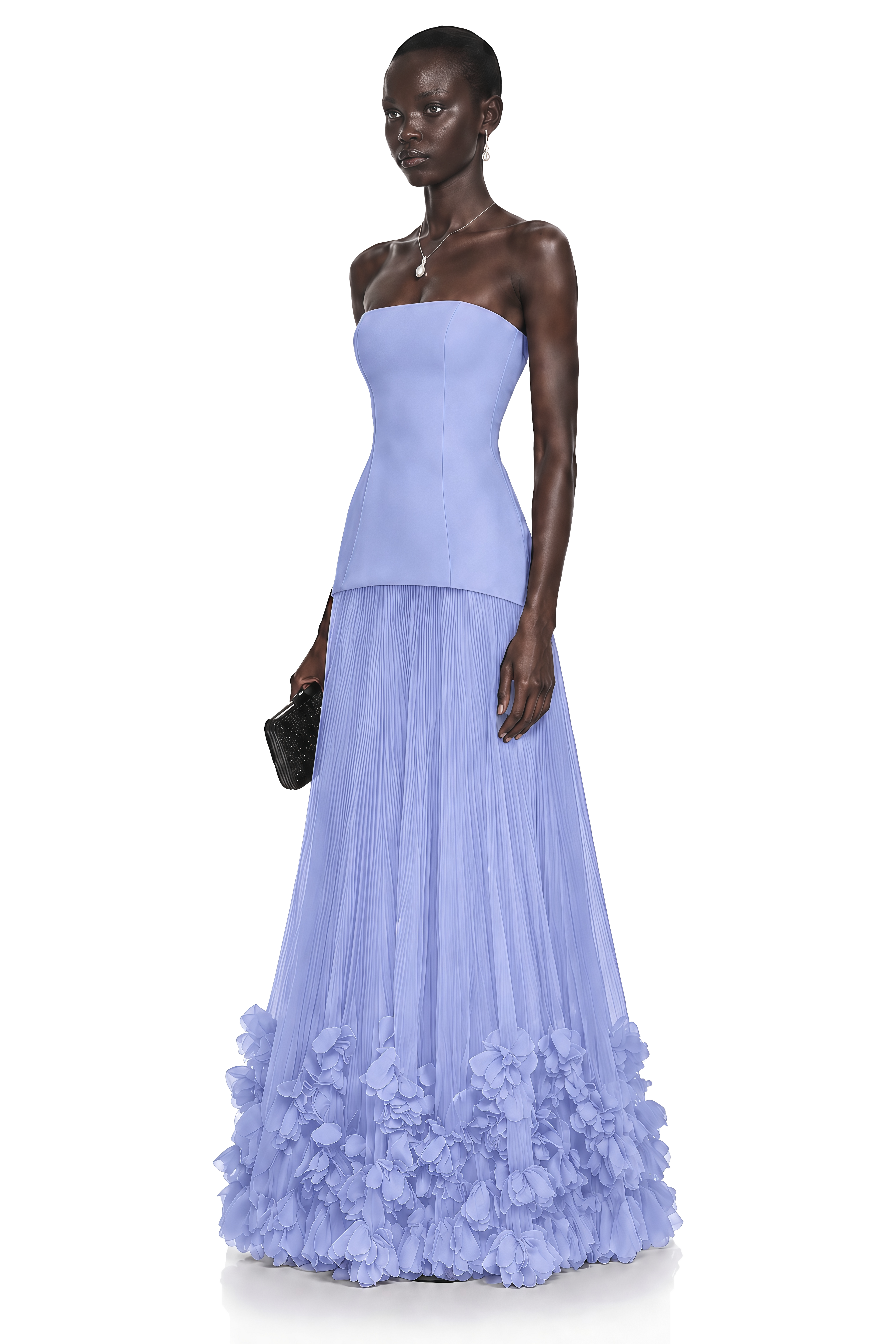 Océane Blue Off Shoulder Pleated Maxi Dress with 3D Florals