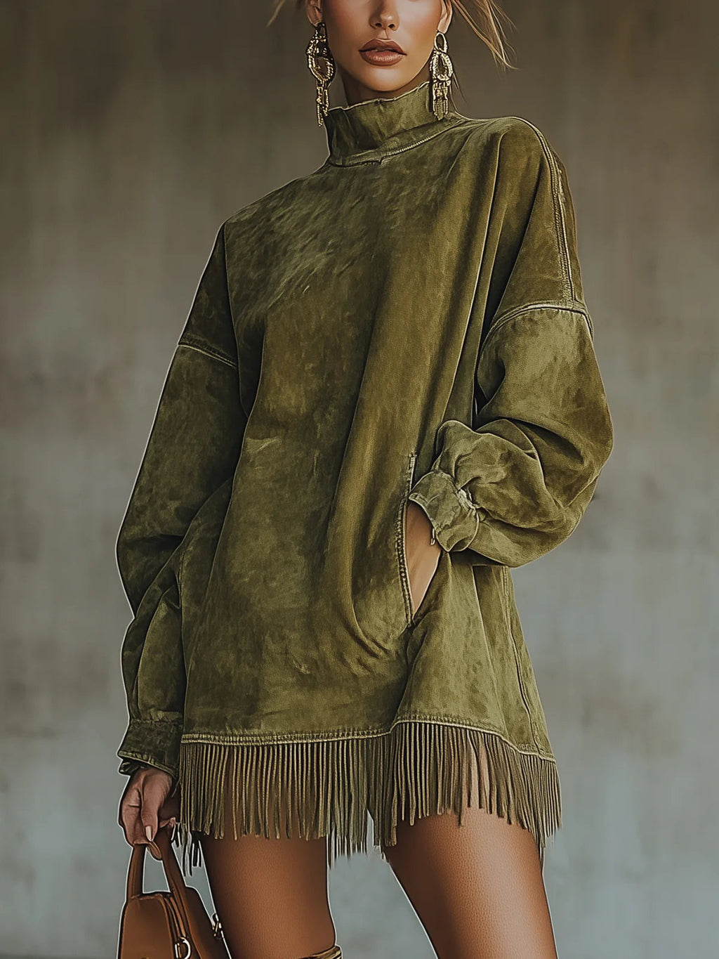 Fringed Suede-Effect Faux Leather High-Neck Dress