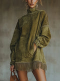 Fringed Suede-Effect Faux Leather High-Neck Dress