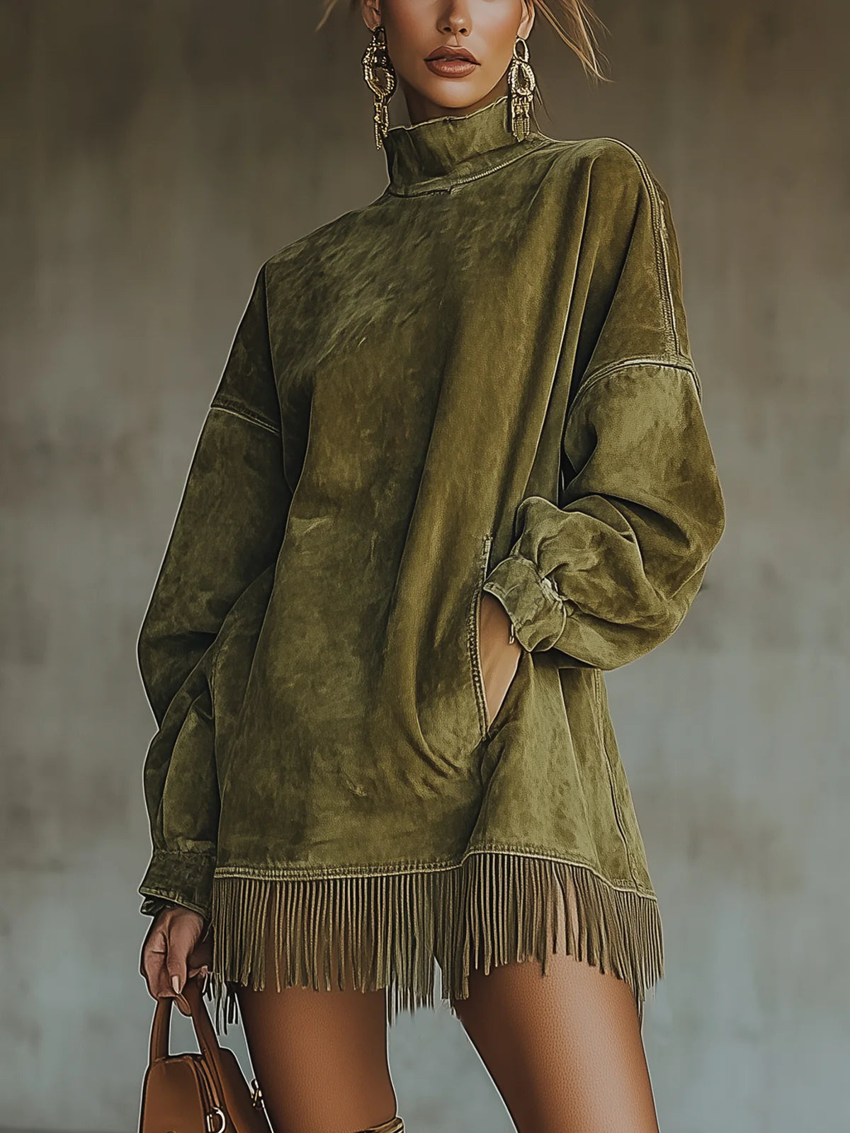 Fringed Suede-Effect Faux Leather High-Neck Dress